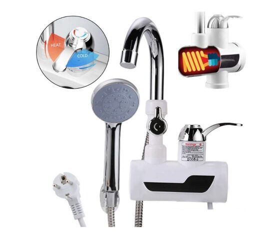 Elektrinis vandens šildytuvas su dušu ir jungtimi į sieną, LCD ekranu